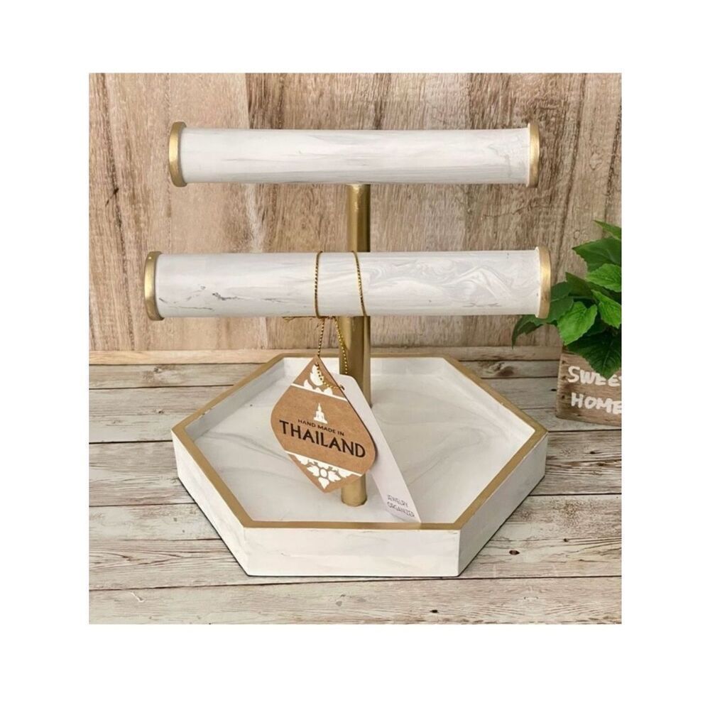 NWT Made in Thailand Marble like jewelry holder Organizer with 2 rods & Tray